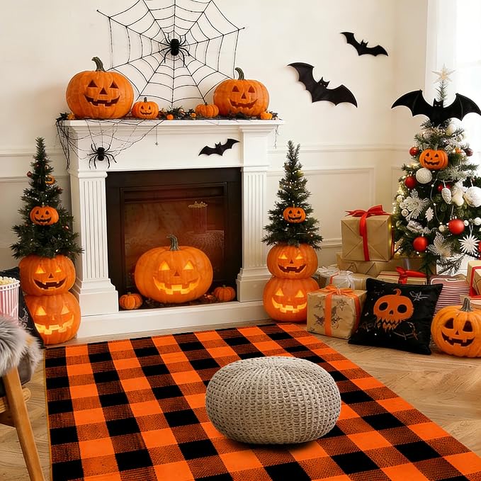 Halloween Orange and Black Buffalo Plaid Rug, 4' x 6'Indoor Outdoor Durable Rug, Spooky Accent Mat for Halloween Indoor Outdoor Decor, Living Room, Porch, Patio, Entryway