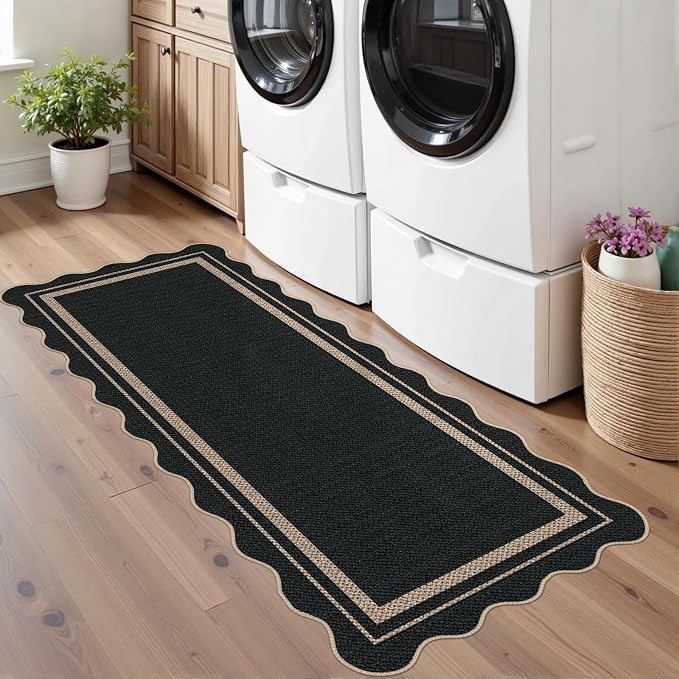 Easy Jute Runner Rug 2x5, Black Indoor Outdoor Carpet, Washable Non-Slip Floor Mat for Entryway Hallway Kitchen Porch