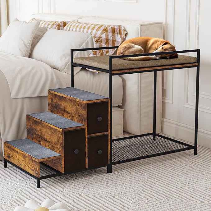 LEMBERI Pet Bunk Bed with Stairs and Storage, Dogs/Cats Window Perch, Bedside Lounge Elevated Dog Bed Multi-Level Platform with Foam Upholstery (Brown)