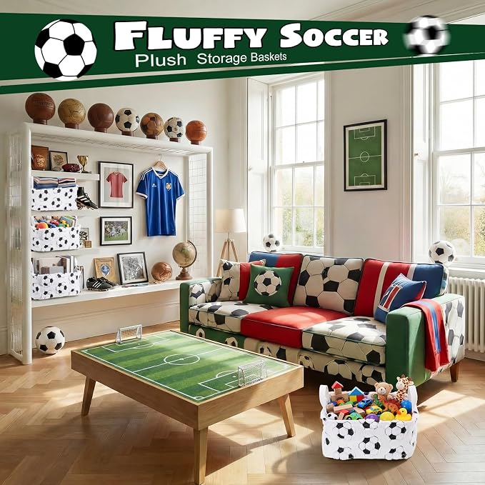2 Pcs Soccer Storage Baskets 14x10'' Back to School Gift Basket Foldable Fluffy Laundry Storage Bin with Handle Sport Theme Closet Organizer for Preppy Dormitory Countertop Tabletop Shelf