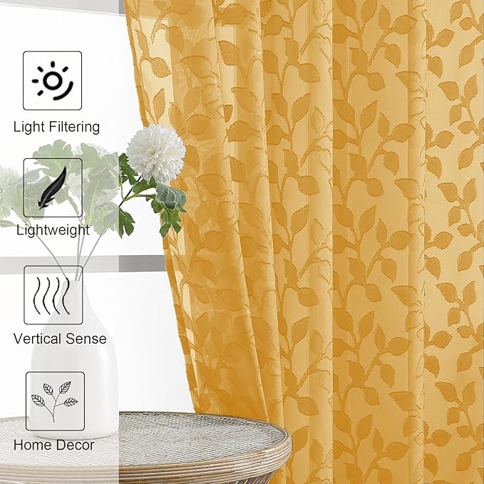 Chyhomenyc Gold Sheer Curtains 90 Inch Length 2 Panels Set, Light Filtering - Image 6