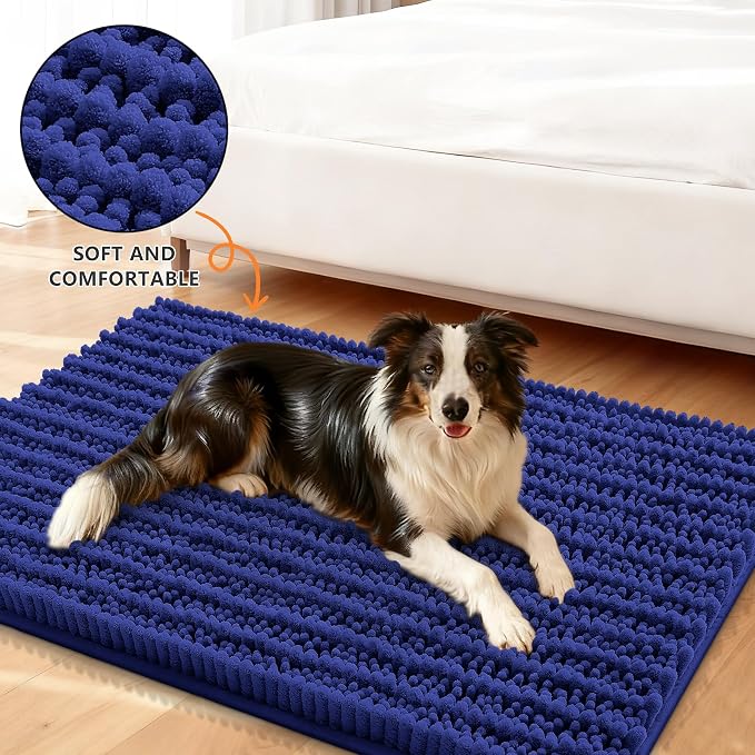 Smiry Dog Door Mat for Muddy Paws 30x20, Absorbent Dirt Trapper, Non-Slip Washable Chenille Entryway Rug for Inside Floor, Navy Blue, Layered Pattern