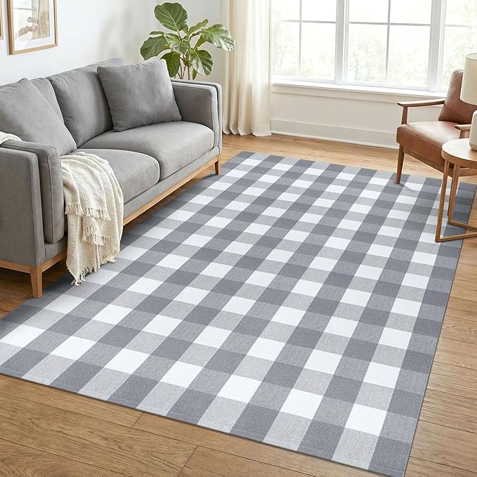 KOZYFLY Buffalo Plaid Area Rug 5x7 Living Room Rug Washable Cotton Gray and White Checkered Rugs Outdoor Carpet for Dining Room Bedroom Farmhouse Patio Rugs