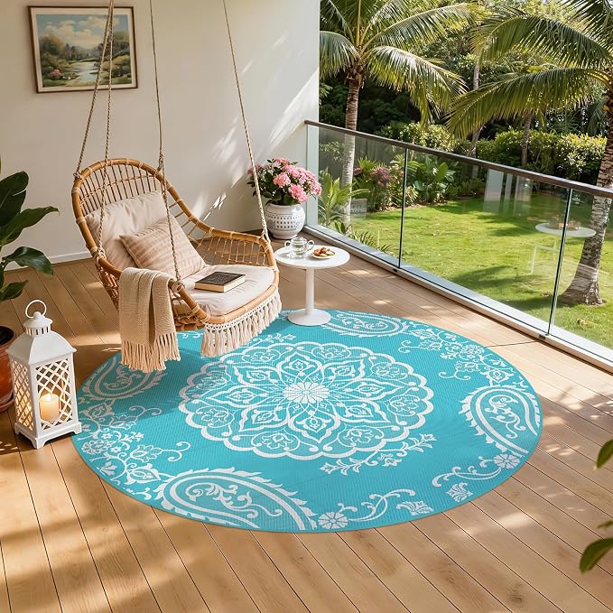 Pauwer Outdoor Rug 8ft, Waterproof Plastic Straw Camping Rug, Boho Teal | Reversible Patio Rug, UV Resistant Indoor Outdoor RV Mat Carpet For Deck, Camper, Porch, Balcony, Backyard, Picnic, Foldable