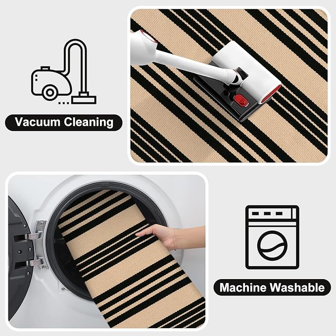 OJIA Front Door Mat 24"x35" Washable Front Porch Rug Outdoor Doormat Decor | Black and Tan Entry Rug Indoor Outdoor Rugs Doormat Cotton Woven Striped Small Area Rugs for Porch/Farmhouse/Home Entrance