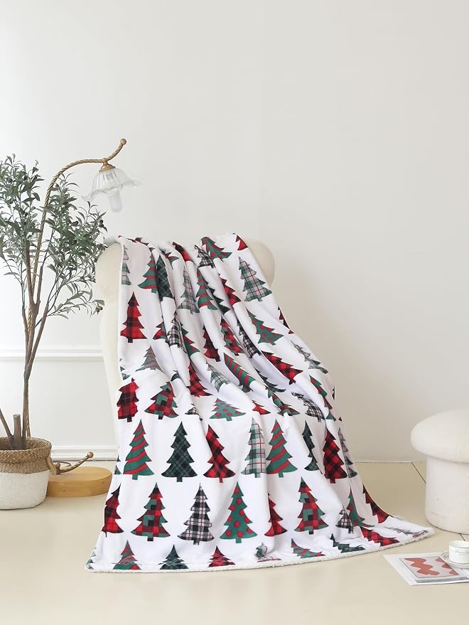 Elegant Comfort Reversible and Ultra-Plush Flannel Fleece-Winter Christmas Sherpa Throw- Lightweight Soft and Cozy-Holiday Decorative Throw, Perfect for Lounging, 50 x 60 inches, Plaid Christmas Tree