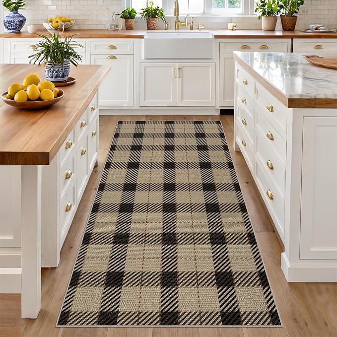JTJ Easy Jute Kitchen Runner Rug 3x6, Washable Indoor Outdoor Farmhouse Plaid Runner, Non Slip Entryway Rug for Laundry Room, Hallway and Front Porch