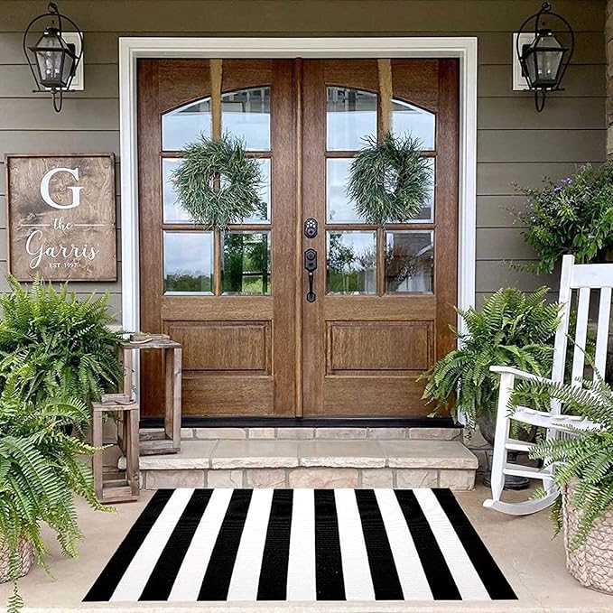 KaHouen Black and White Striped Rug 35.4 x 59 Inches, Indoor Front Porch Stripe Rug, Woven Washable Hand-Woven Stripe Outdoor Rugs for Layered Door Mats, Front Porch,Farmhouse,Kitchen...