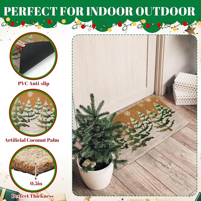 2 Pcs Outdoor Door Mat Combo Set Layered Outdoor Rug and Coir Welcome Doormat Non Slip Outside Floor Mat for Front Porch Entryway Patio Yard Decor(Pine Tree,24'' X 51',18'' X 28'')