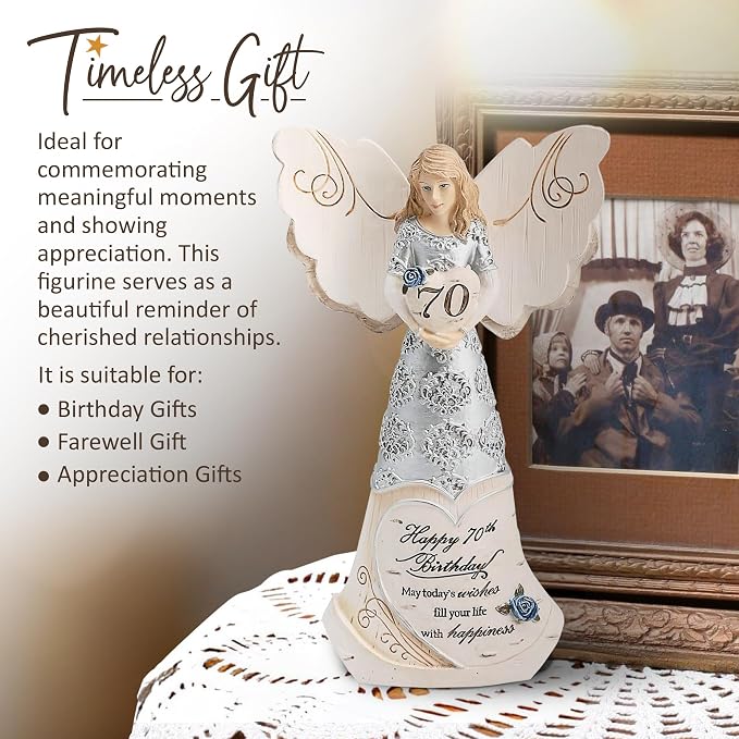 Pavilion 'Happy 70th Birthday' 82416 Elements Angels - Polyresin Birthday Angel Figurine - Silver Hand-Painted Remembrance and Keepsake Gift Angel for Grandmothers, Mothers, Aunts, Friends, Women