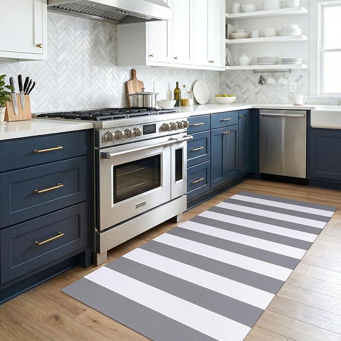 KOZYFLY Striped Rug 3x5 Front Door Rugs Gray White Cotton Woven Washable Indoor Outdoor Rug Entrance Doormat for Front Porch Kitchen Patio Decor Outdoor Mat