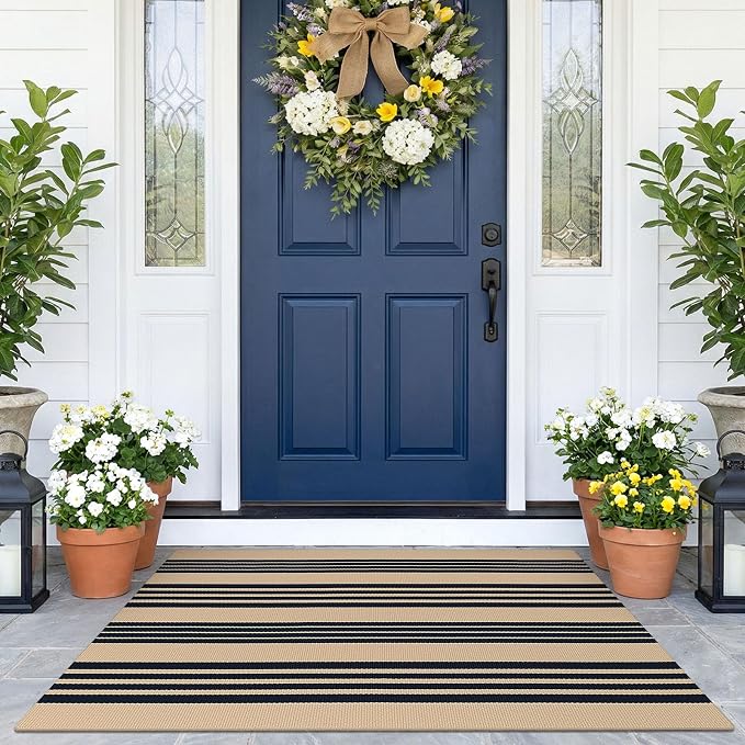 KOZYFLY Striped Rug 2.3x3.6 ft Front Door Mat Brown and Black Cotton Woven Washable Indoor Outdoor Rug for Entryway Porch Kitchen Patio Decor Small Area Rugs