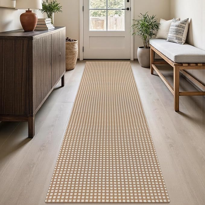 Rugalia Washable Woven Hallway Runner Rug, 2x8 Camel Cotton Rug Runners for Entryway Non-Slip Long Kitchen Mat, Modern Natural Plaid Indoor Outdoor Throw Runner Carpet for Porch Bedroom
