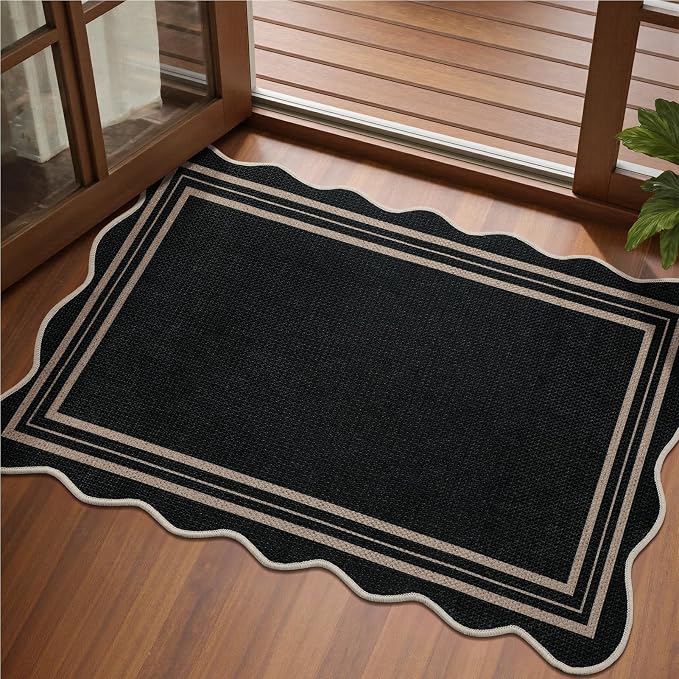 EDIMENS Easy Jute Rug Entryway Rug, 2x3 Front Door Mat Small Entryway Non-Slip Washable Area Rug, Low Pile Black Indoor Outdoor Farmhouse Scalloped Doormat for Entrance Entry Porch Doorway