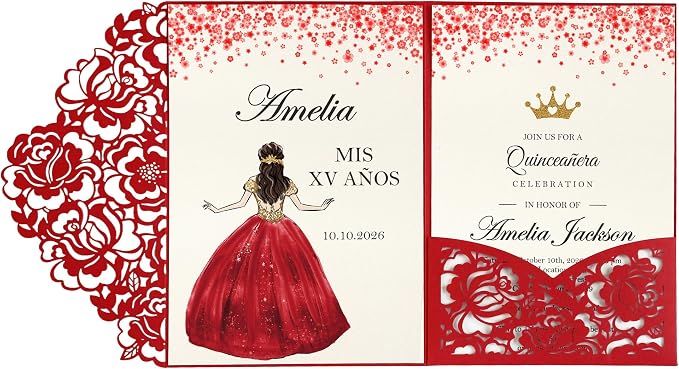 DORIS HOME Laser Cut Quinceanera Invitation Pockets, Red, 5"x7" | 50pcs, With Envelopes, For Birthday, Miss 15, Sweet 16, No Inserts Included