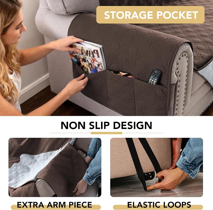 H.VERSAILTEX 100% Waterproof Couch Cover for Dogs Washable Thick Soft Chair Covers with Storage Pocket Non Slip Furniture Protector with Elastic Straps(Chair, Brown)