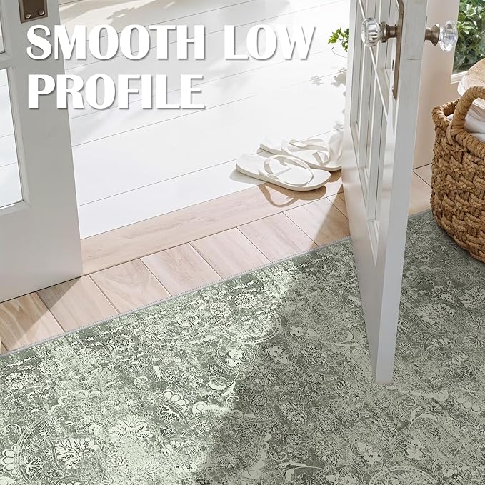 Washable 3x12 Runner Rug - Non-Slip Vintage Runner Rug for Entryway Low-Pile Medallion Long Rugs for Hallway Waterproof Traditional Runner Rugs Indoor Thin Rug for Kitchen (Muted Sage Green)