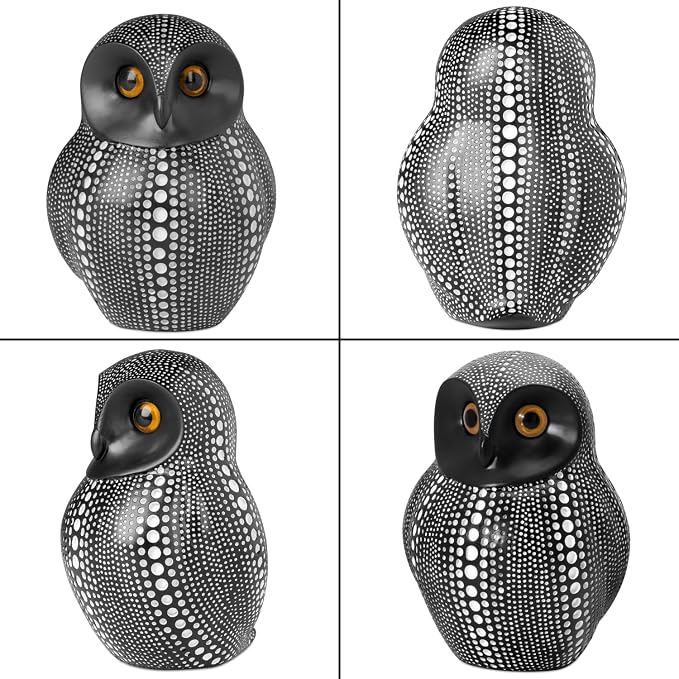Torre & Tagus 6" Dotted Black Owl Decor - Burrowing Owl Statue with White Dots for Home Decor, Cute Bird Figurine as Tabletop Sculpture on Book Shelf, TV Console, Fireplace or Wedding Gift (Debossed)