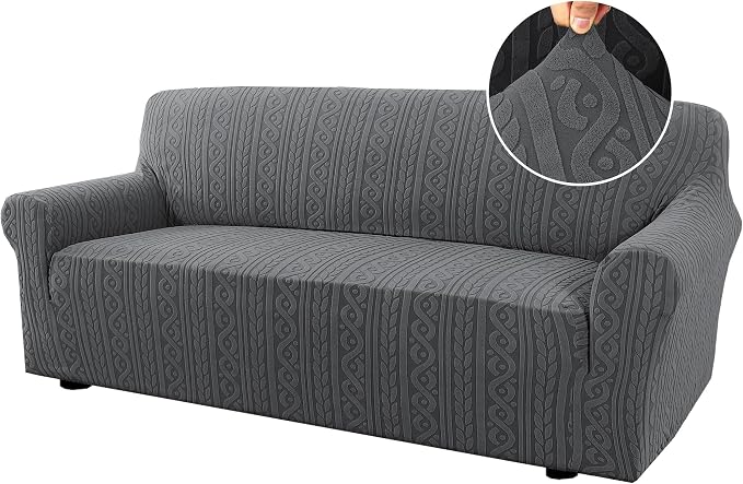 H.VERSAILTEX Stretch Couch Cover 1 Piece Soft Sofa Covers Furniture Protector with Elastic Bottom Anti-Slip Dogs Slipcovers Washable Upgrade Thick Jacquard Fabric with Spiral Pattern(75"-85", Grey)