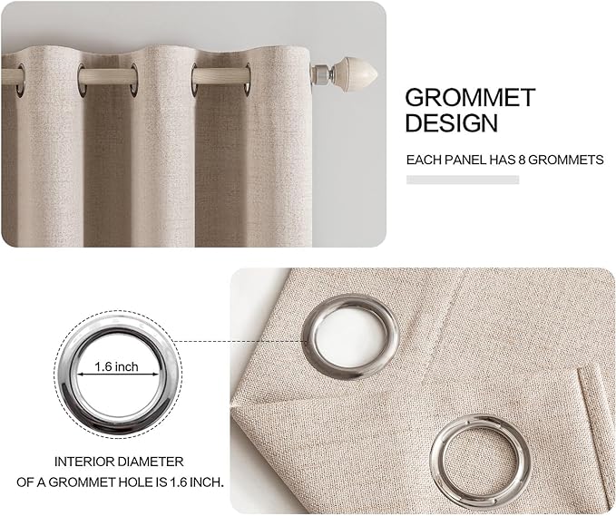 MIULEE Linen Texture Curtains Soild 100% Blackout Thermal Insulated Natural Beige Curtains Grommet Room Darkening Drapes for Living Room Bedroom Nursery 42 x 63 (2 Panels)