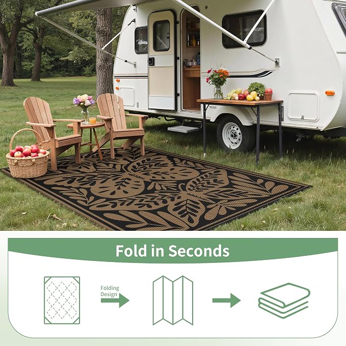 GENIMO Outdoor Rug, Waterproof Plastic Rugs for Patio, 6'x9' Black | Outside Larger Leaf Carpet Mat for Porch Decor, Deck, Balcony, Camping, RV, Backyard, Picnic, Beach, Reversible, Foldable