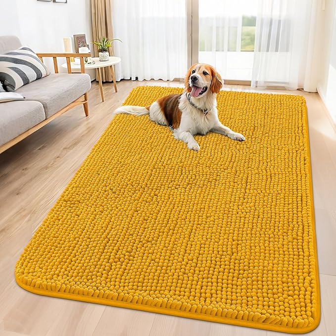 Smiry Dog Door Mat for Muddy Paws 59x32, Absorbent Dirt Trapper, Non-Slip Washable Chenille Entryway Rug for Inside Floor, Golden Yellow, Classic Solid