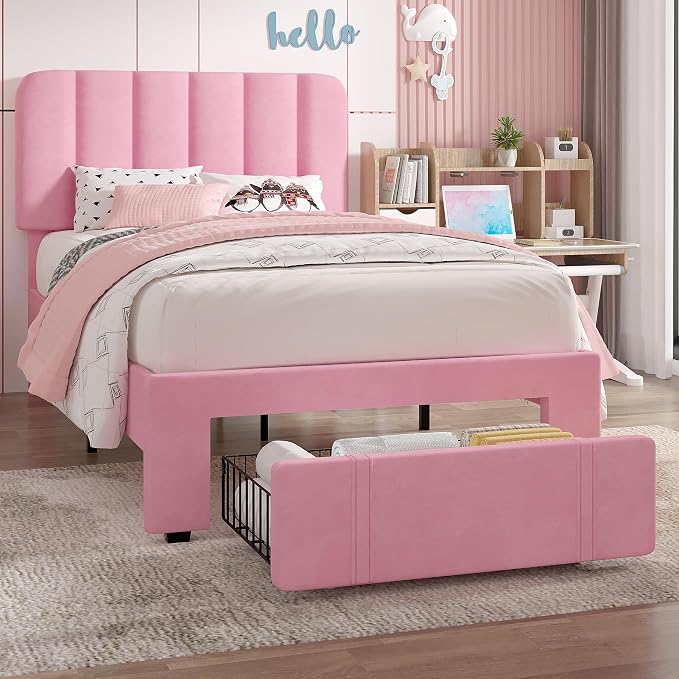VECELO Twin Size Upholstered Bed Frame with Drawer and Headboard, Velvet Platform Storage Bedframe, Wooden Slats Support, No Box Spring Needed,Pink