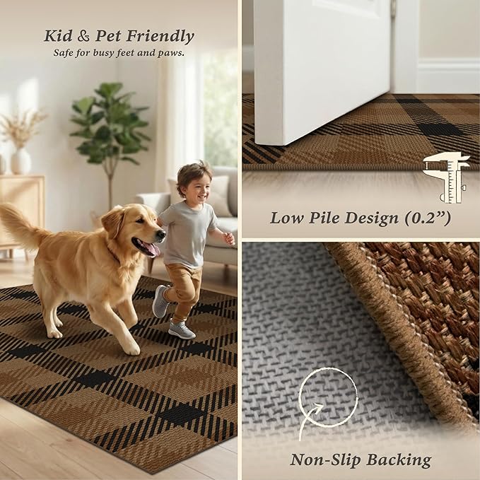 Easy Jute Plaid 3x5 Entryway Rug, Brown Checkered Washable Front Door Mat, Indoor Outdoor Farmhouse Non Slip Rug for Porch, Entrance, Balcony and Kitchen