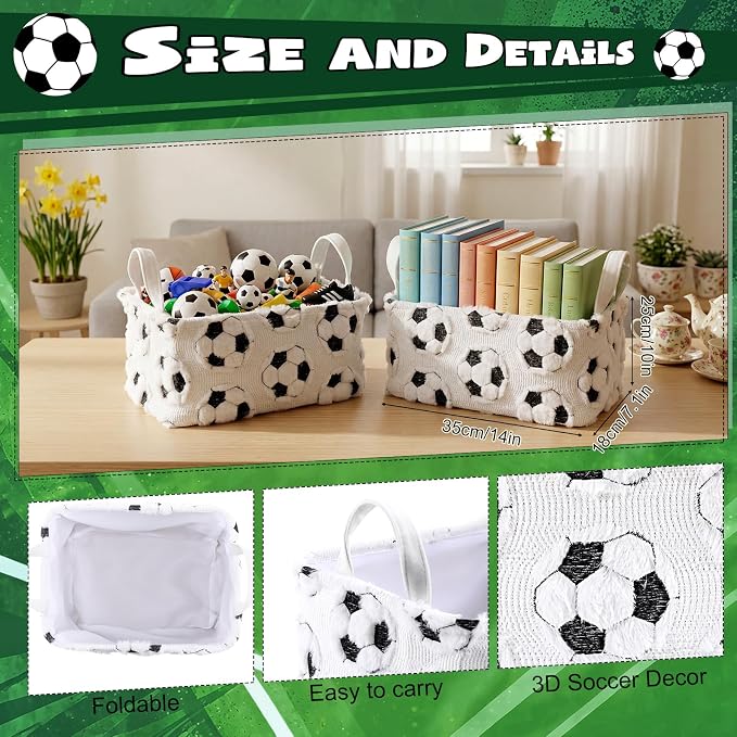 2 Pcs Soccer Storage Baskets 14x10'' Back to School Gift Basket Foldable Fluffy Laundry Storage Bin with Handle Sport Theme Closet Organizer for Preppy Dormitory Countertop Tabletop Shelf