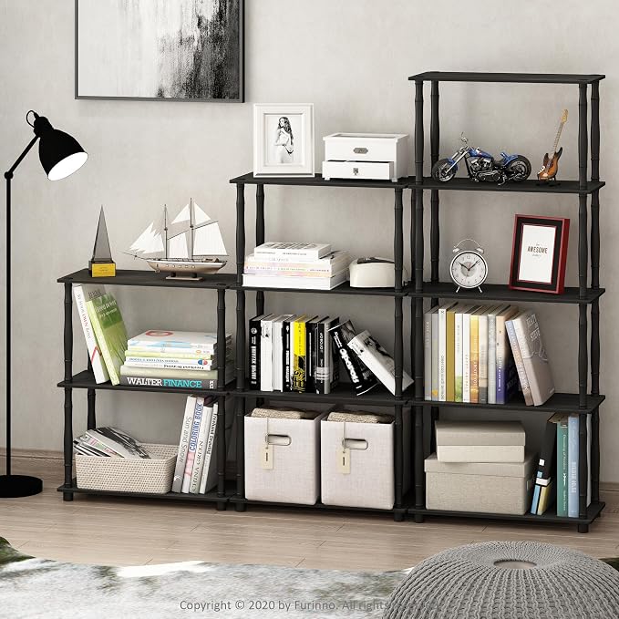 Furinno Turn-N-Tube 5-Tier Multipurpose Shelf / Display Rack / Storage Shelf / Bookshelf, Classic Tubes, Americano/Black | Open Shelves Corner Bookshelf, Display Storage Shelves, Classic Tubes, for Organization, Living Room, Home Office