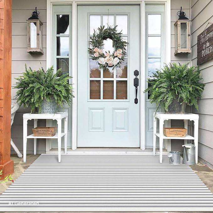 IOHOUZE Striped Area Rug 4'x6' Front Door Rugs Washable Area Rug for Double Front Porch, Large Patio Rug Outdoor Indoor, Doormat for Entryway Porch Entrance, Grey/White