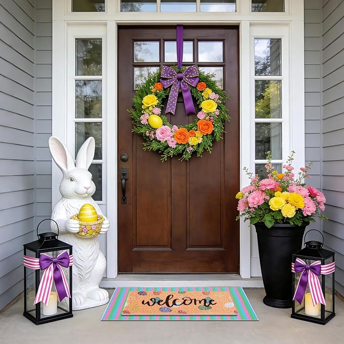 2 Pcs Easter Doormat Outdoor Entrance Colorful Eggs Welcome Door Mat Non Slip Coir Mats Floor Striped Doormat Layering Mat Seasonal for Easter Indoor Front Porch Entryway Decor 23.6 x 31.5 Inch