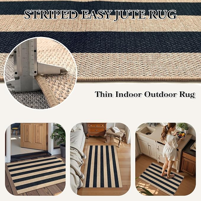 Lahome Striped Easy Jute Front Door Mat, 2x3 Kitchen Outdoor Rug Washable | Indoor Entryway Rugs Black, Modern Farmhouse Neutral Non Slip Non Shedding Small Carpet for Floor Foyer Entrance Patio Porch