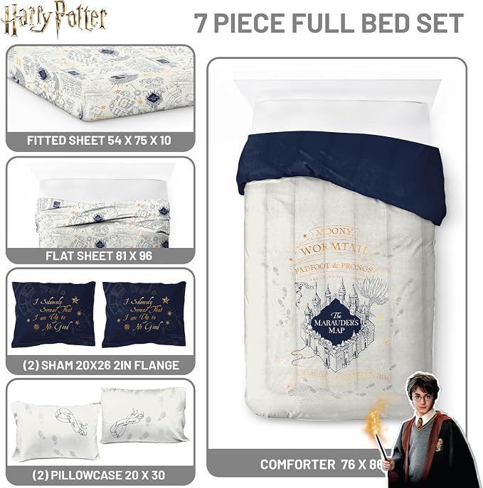 Harry Potter Full Comforter Set 7 Piece Soft Fantasy Bedding, Beige | Hogwarts, Bed in a Bag, Comforter Sheets Shams Pillowcases, Official Product, Soft Microfiber, Machine Washable, Gift