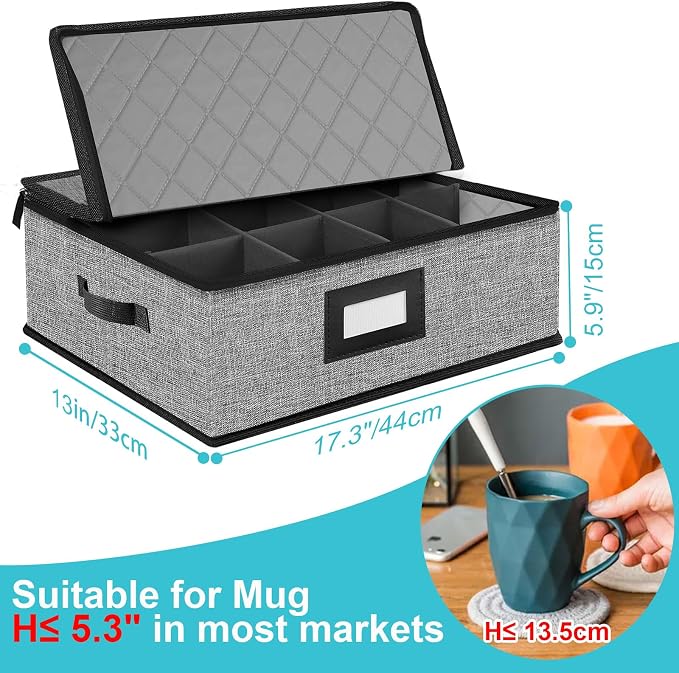 2PACK Quilted Mug Cup Storage Box,China Storage Containers | Cup Storage Containers Hard Shell with Lid for Moving Transport,Kichen Dinnerware Storage