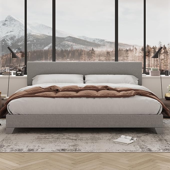 Allewie King Size Upholstered Bed Frame Adjustable Headboard, Light Grey | Platform Bed with Heavy Duty Mattress Foundation, Noise-Free, Easy Assembly, Wood Slat Support, No Box Spring Needed