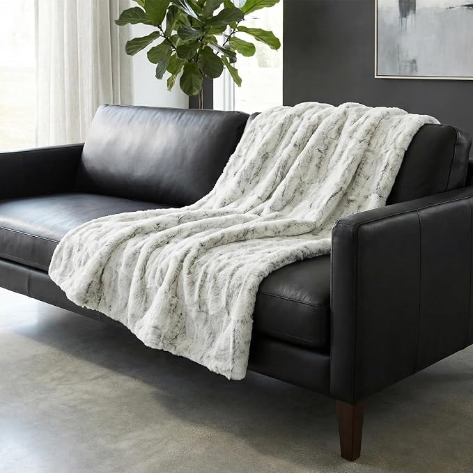 Americanflat Faux Fur Throw Blanket - Luxury 50x60 Extra Soft Plush Snow Leopard Fur, Reversible & Machine Washable Cozy Throw for Bed, Couch, Sofa, or Living Room Decor - Gray and White