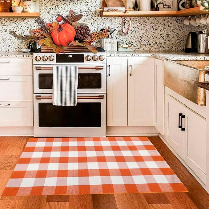 Buffalo Plaid Outdoor Rug 3x5 Ft Orange and White Checkered Area Rug Halloween Washable Doormats Fall Indoor Outdoor Rugs for Layered Front Door Mats, Porch, Entryway, Kitchen, Farmhouse