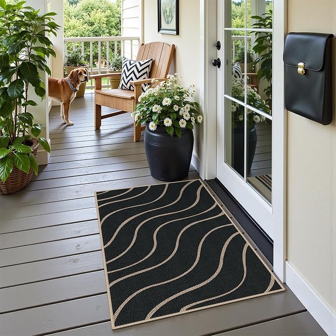 Easy Jute 2x3 Black Wave Area Rug,Washable Entryway Rug, Small Modern Door Carpet,Neutral Non-Slip Outdoor Indoor Farmhouse Rug for Kitchen Patio Entry Porch
