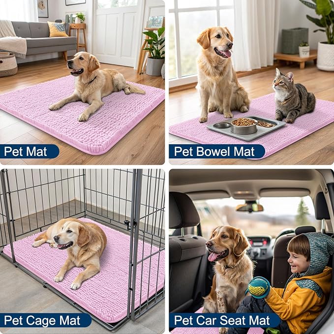 Smiry Dog Door Mat for Muddy Paws 48x30, Absorbent Dirt Trapper, Non-Slip Washable Chenille Entryway Rug for Inside Floor, Pink, Classic Solid