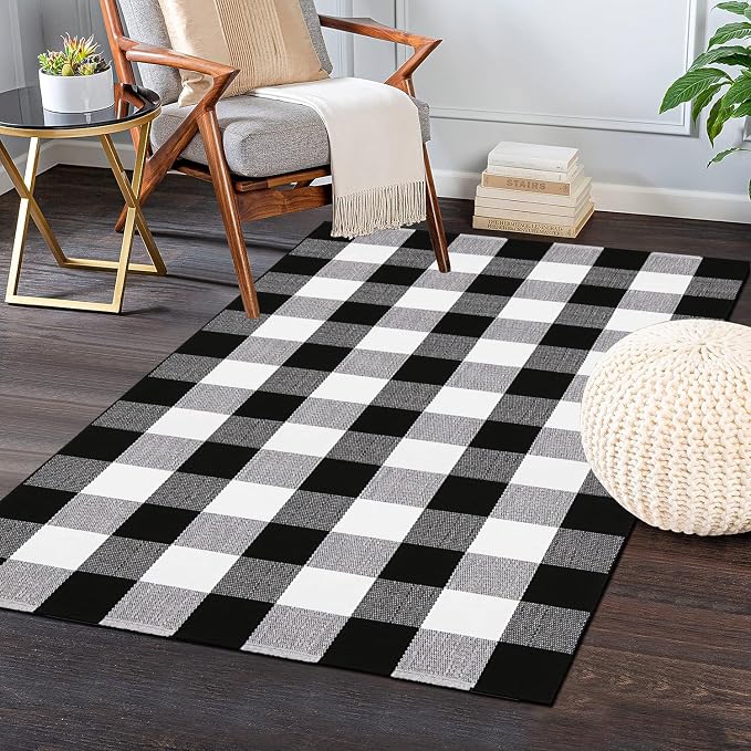 Buffalo Plaid Rug 3'x5' Black and White Checkered Rug Front Door Mat Outdoor Cotton Washable Front Porch Rug Layered Doormats for Front Porch/Farmhouse/Entryway
