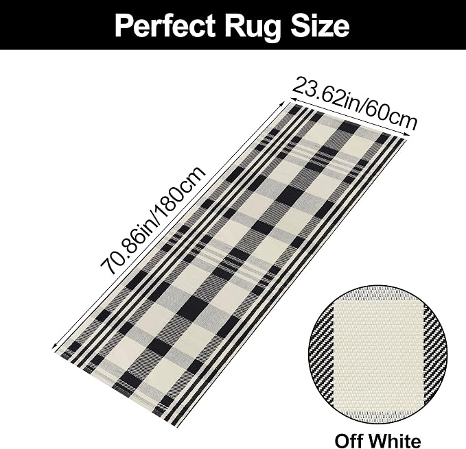 Buffalo Plaid Runner Rug Black and Off White 2x6 Hallway Runner Rug Cotton Woven Rug Farmhouse Checkered Runner Rug Washable Runners for Entryway Kitchen Laundry Room Bedroom Living Room