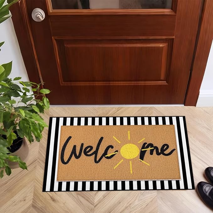 Tinideya 2 Pcs Door Mat Welcome Non Slip Coir Mats Floor Layering Doormats Seasonal for Front Porch Entryway Decor(Golden Sun)