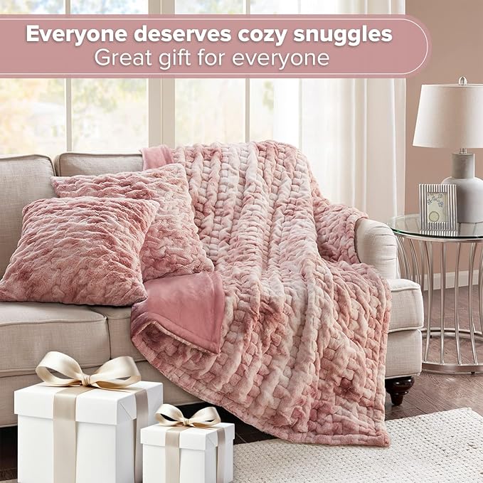 Comfort Spaces Ruched Throw Set Faux Fur Blanket, 50 x 60, Blush Tie Dye | Ultra Soft, Cozy Warmth for Sofa or Bed, Plush, OEKO-TEX Certified