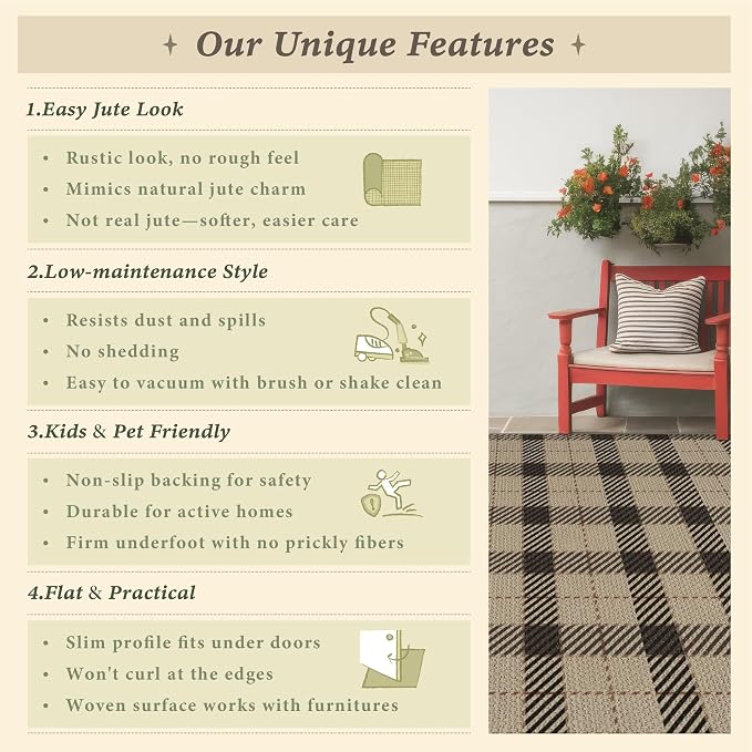 Easy Jute Area Rug 5x7, Washable Indoor Outdoor Plaid Rug for Living Room, Patio, Entryway, Bedroom, Farmhouse Non Slip Black & Tan Rug