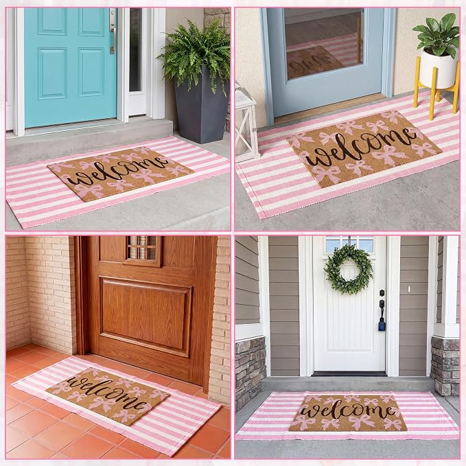 2 Pcs Outdoor Door Mat Combo Set Layered Outdoor Rug and Coir Welcome Doormat Non Slip Outside Floor Mat for Front Porch Entryway Patio Yard Decor(Cute Pink Bow,24'' X 51',18'' X 28'')