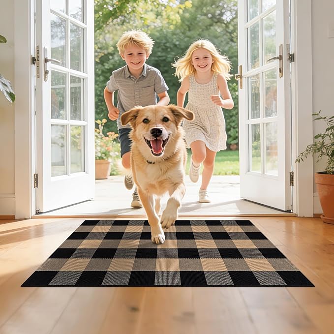 Buffalo Plaid Rug 2.3x3.6 Brown and Black Checkered Rug Grid Indoor Outdoor Doormat Porch Layering Carpet Cotton Woven Washable Area Mat for Patio Entryway Farmhouse Decor