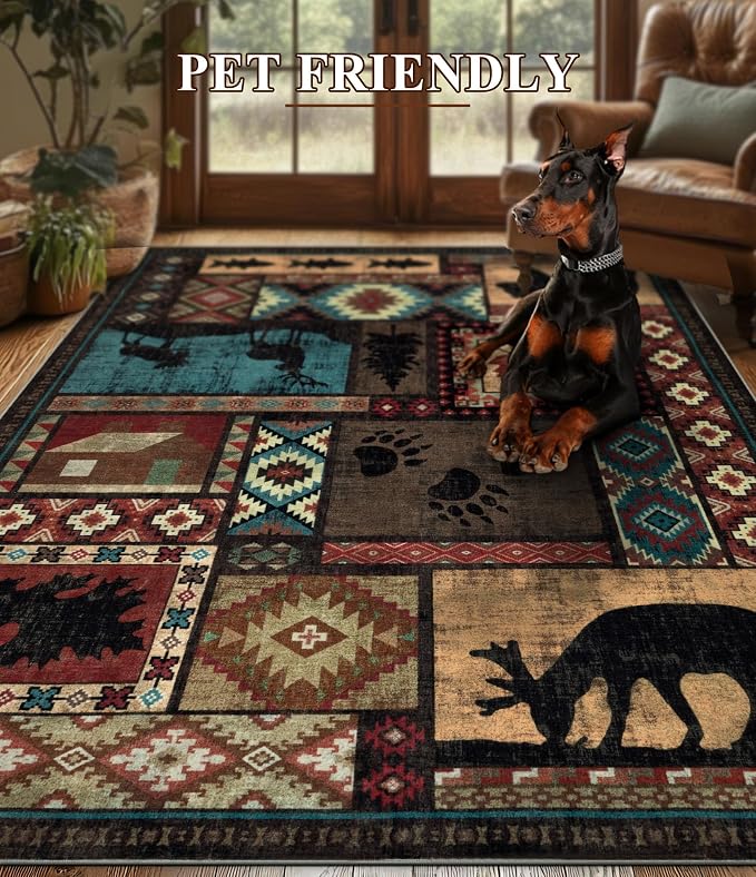 YIHOUSE Rustic Cabin Rugs for Living Room 10x14, Wildlife Bear & Deer Area Rug, Washable Southwestern Lodge Large Area Rug