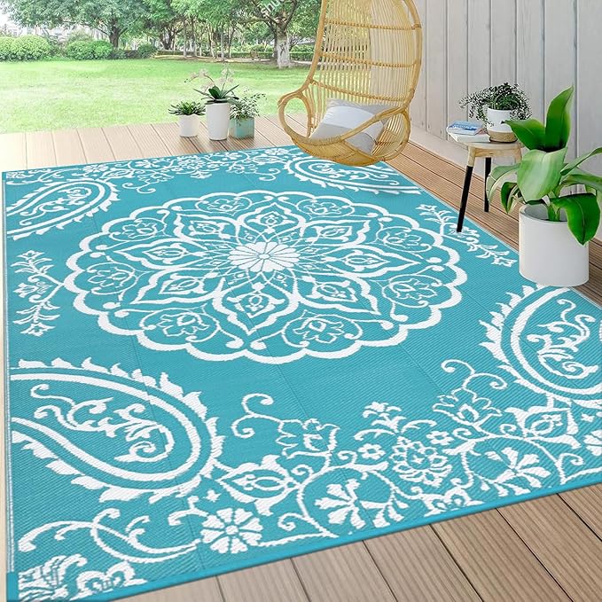 Pauwer Reversible Outdoor Rug, 6'x9', Waterproof Polypropylene Patio Mat, RV, Balcony, Deck, Beach, Picnic | Reversible Patio Rug, UV Resistant Indoor Outdoor RV Mat Carpet For Deck, Camper, Porch, Balcony, Backyard, Picnic, Foldable