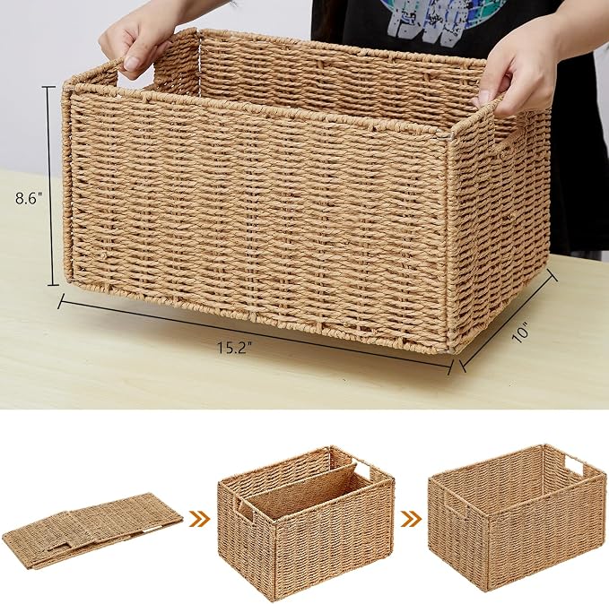 Vagusicc Wicker Storage Basket, Set of 2 Hand-Woven Paper Rope Wicker Basket, Small Storage Baskets for Organizing Toilet Paper Basket, Foldable Large Cube Storage Organizer Bins for Shelves (Natural)